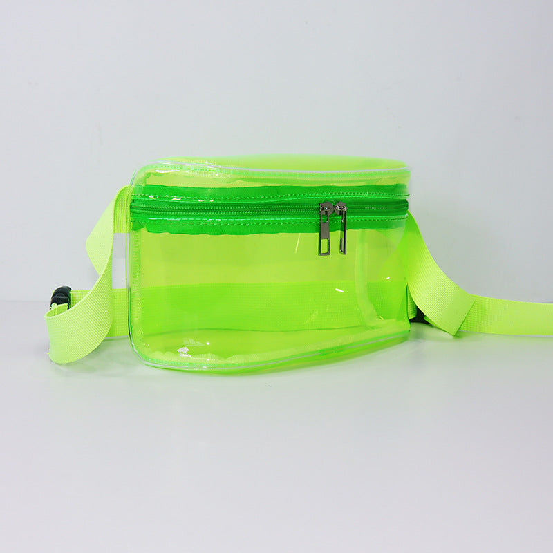 binaural green transparent pvc waist bag with zippered storage and matching adjustable strap