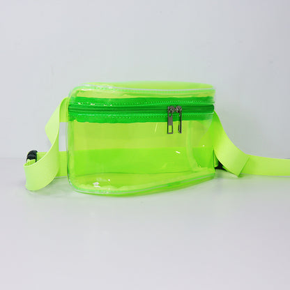 binaural green transparent pvc waist bag with zippered storage and matching adjustable strap