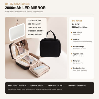 black makeup bag with 2000mah detachable led mirror touch control and three connected storage sections