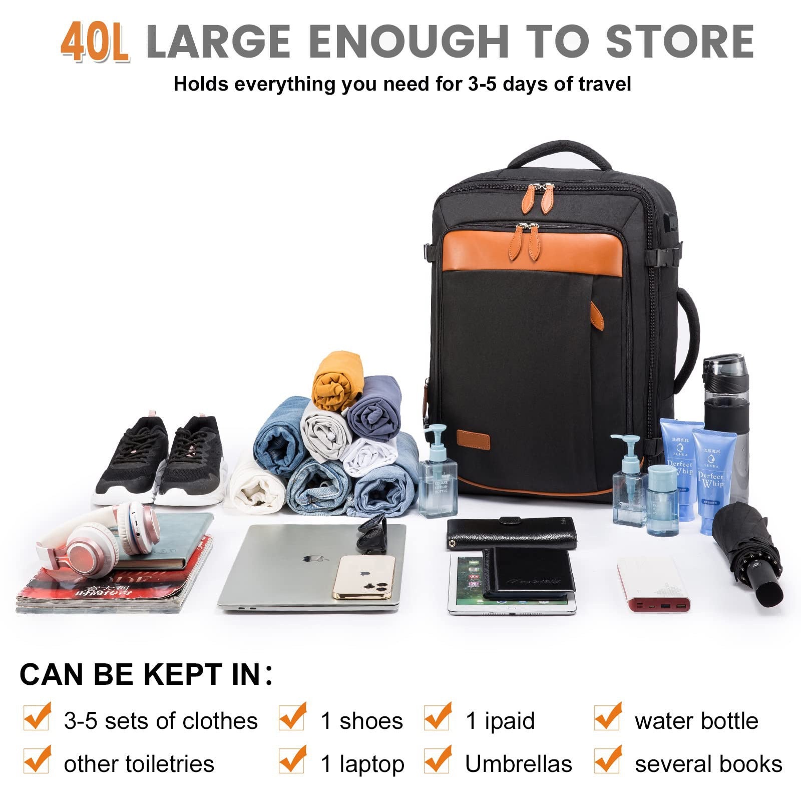 black 40l large capacity travel backpack for 3 to 5 day trips with laptop and travel essentials