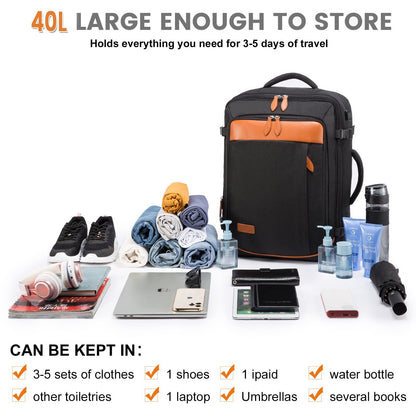 black 40l large capacity travel backpack for 3 to 5 day trips with laptop and travel essentials