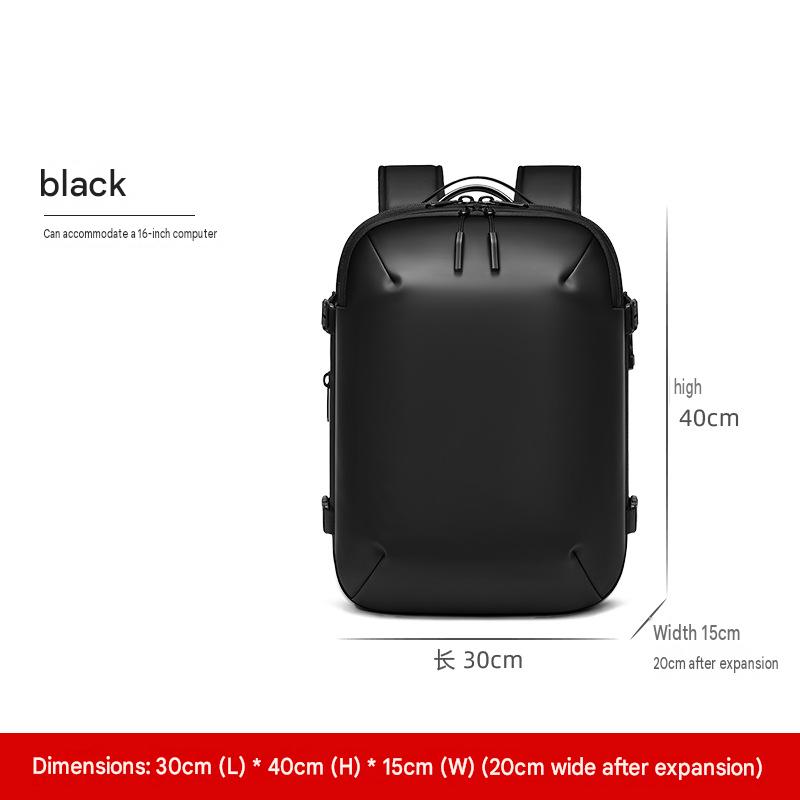 black backpack measuring 30 x 40 x 15 cm with expandable depth up to 20 cm