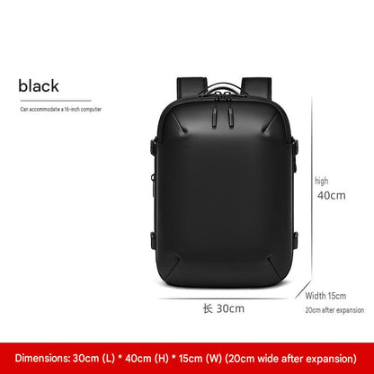 black backpack measuring 30 x 40 x 15 cm with expandable depth up to 20 cm