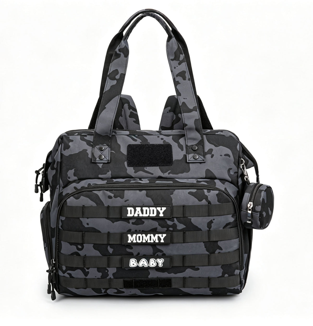black camouflage tactical diaper bag tote with front webbing rows patch area top handles and round side zipper pouch