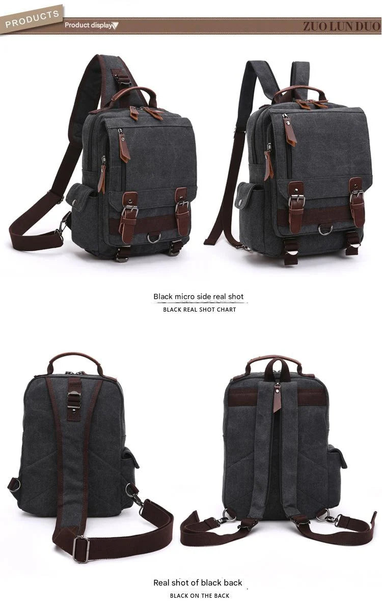 black canvas rucksack backpack with vintage buckle design and shoulder straps