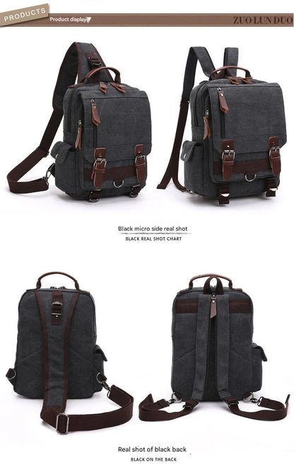black canvas rucksack backpack with vintage buckle design and shoulder straps