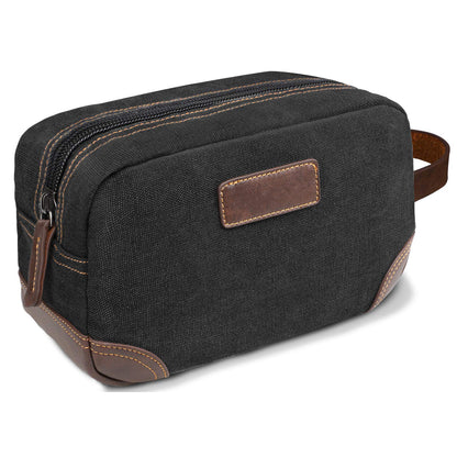 black canvas toiletry bag with leather accents for men