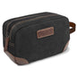 black canvas toiletry bag with leather accents for men
