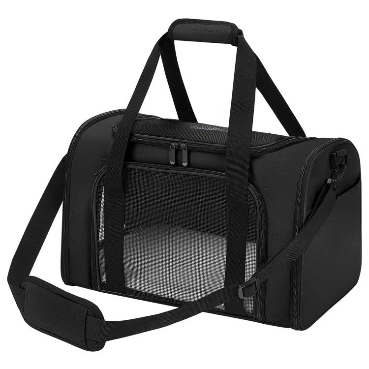 black cloth pet travel carrier bag with shoulder strap and mesh panel