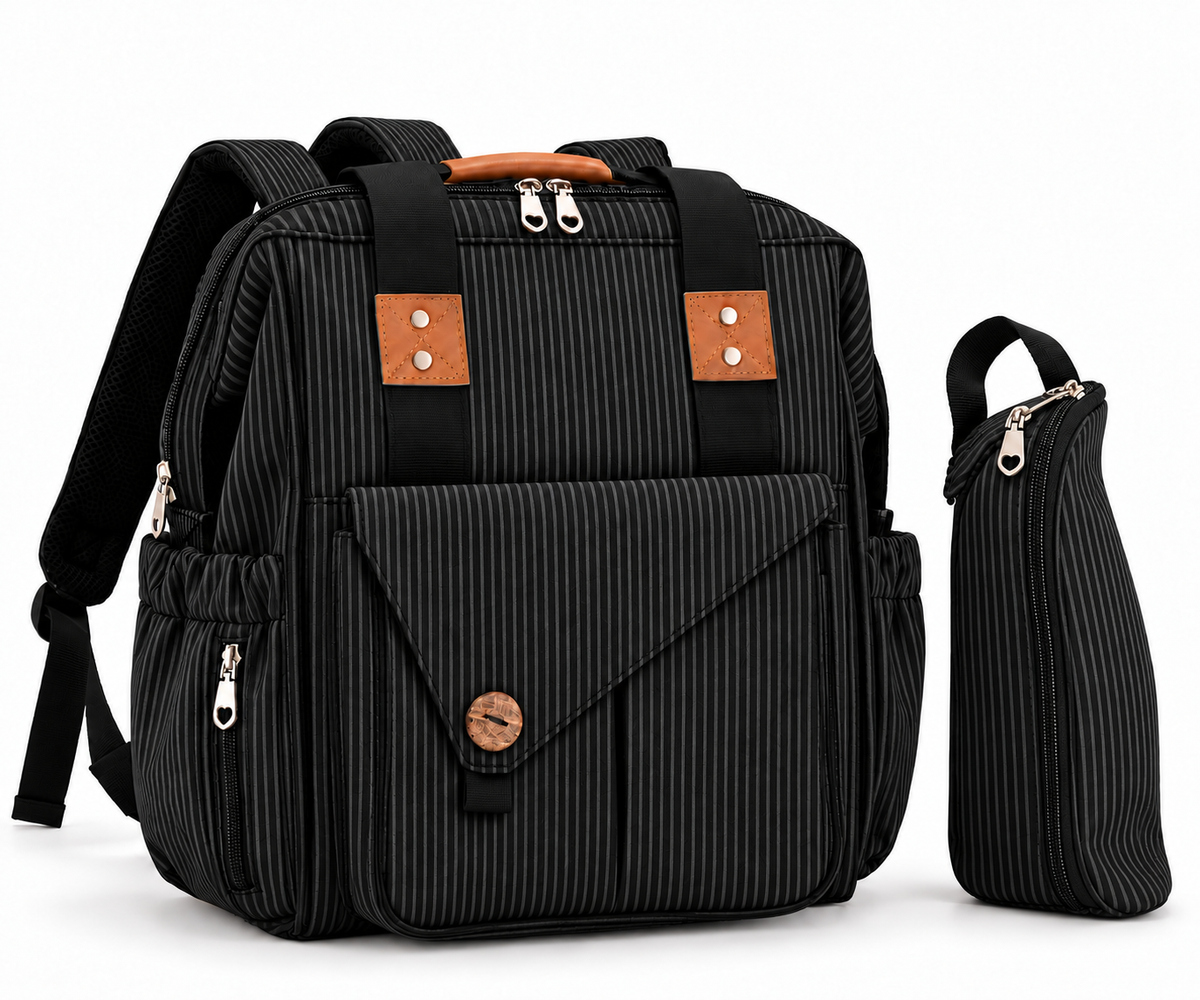 black custom diaper backpack with fine vertical stripe texture front flap pocket side storage and matching insulated bottle bag