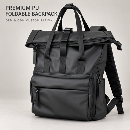 black custom pu fold top commuter backpack with top zipper webbing carry handles front zippered pocket and side storage