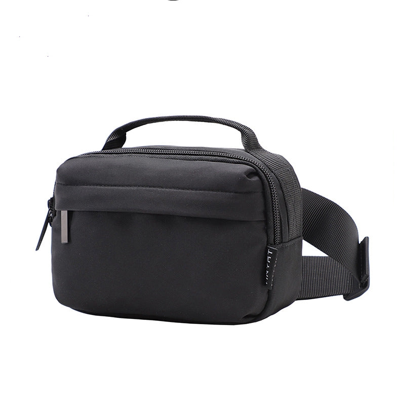 black custom waist bag with top carry handle front zipper pocket adjustable webbing belt and compact polyester body