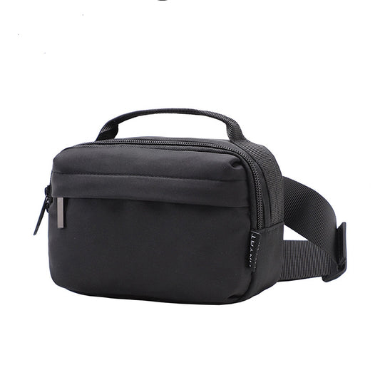 black custom waist bag with top carry handle front zipper pocket adjustable webbing belt and compact polyester body