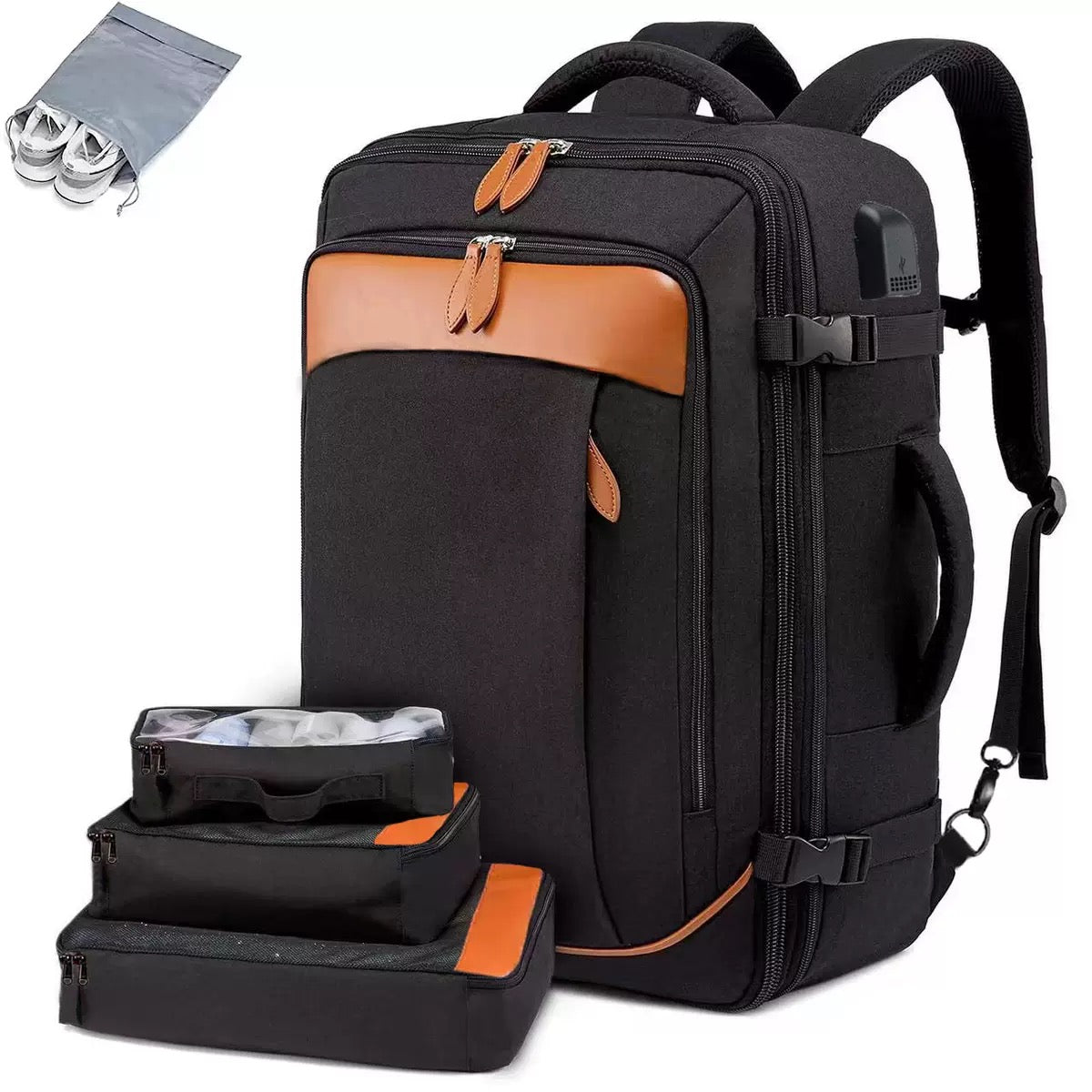 black expandable travel backpack with packing cube system for carry on travel