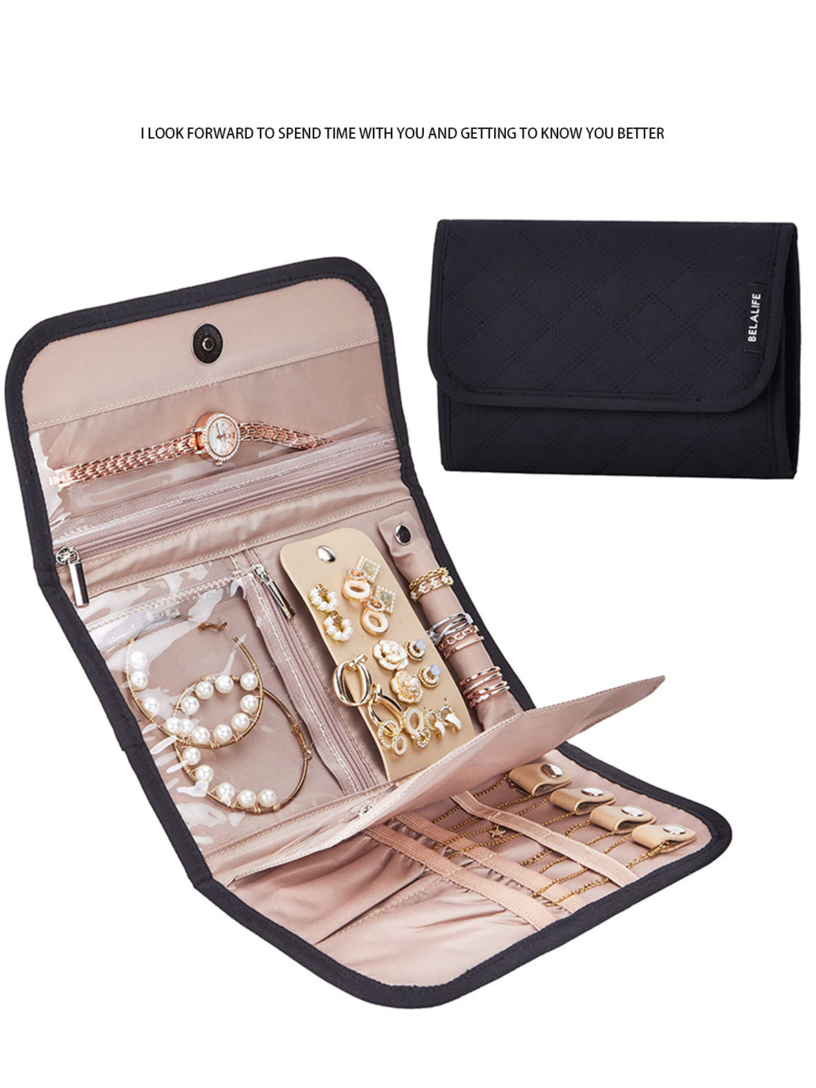 black foldable jewelry organizer shown open with jewelry storage compartments and closed with quilted front flap
