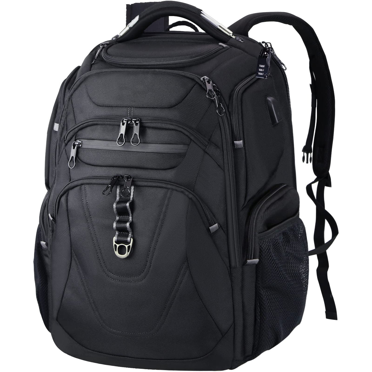 black gray water resistant travel backpack with laptop compartment