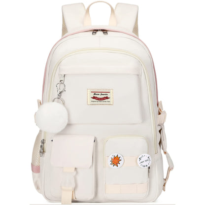 black laptop school backpack with white fur ball accessory and organized front compartments