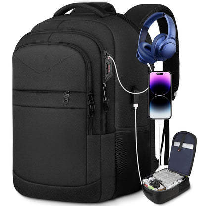 black large device campus backpack with layered zip compartments and side mesh pocket