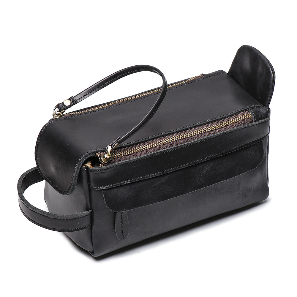 black leather men's toiletry bag for business travel