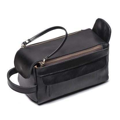 black leather men's toiletry bag for business travel