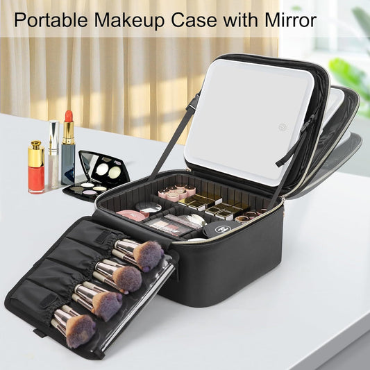 black led makeup case with lighted mirror adjustable cosmetic dividers and fold out makeup brush storage panel