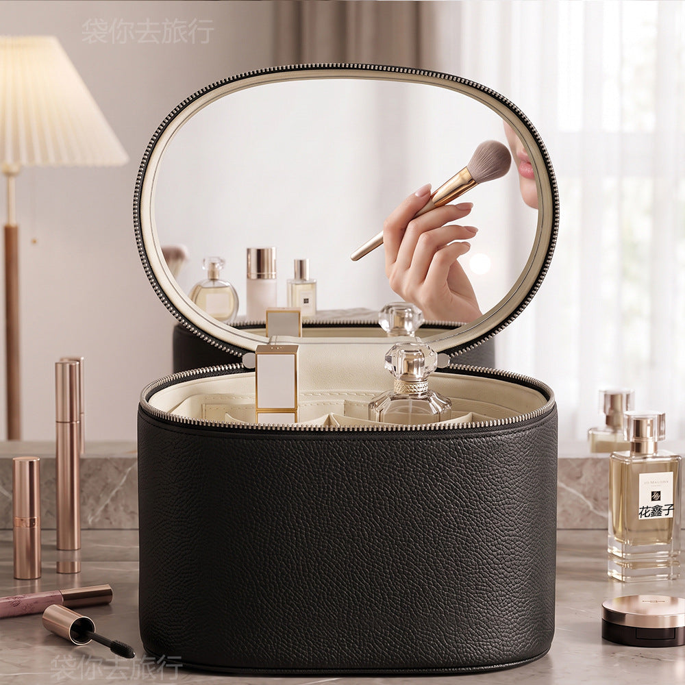black makeup organizer case with illuminated led mirror and cosmetic tools stored inside