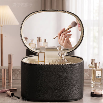 black makeup organizer case with illuminated led mirror and cosmetic tools stored inside