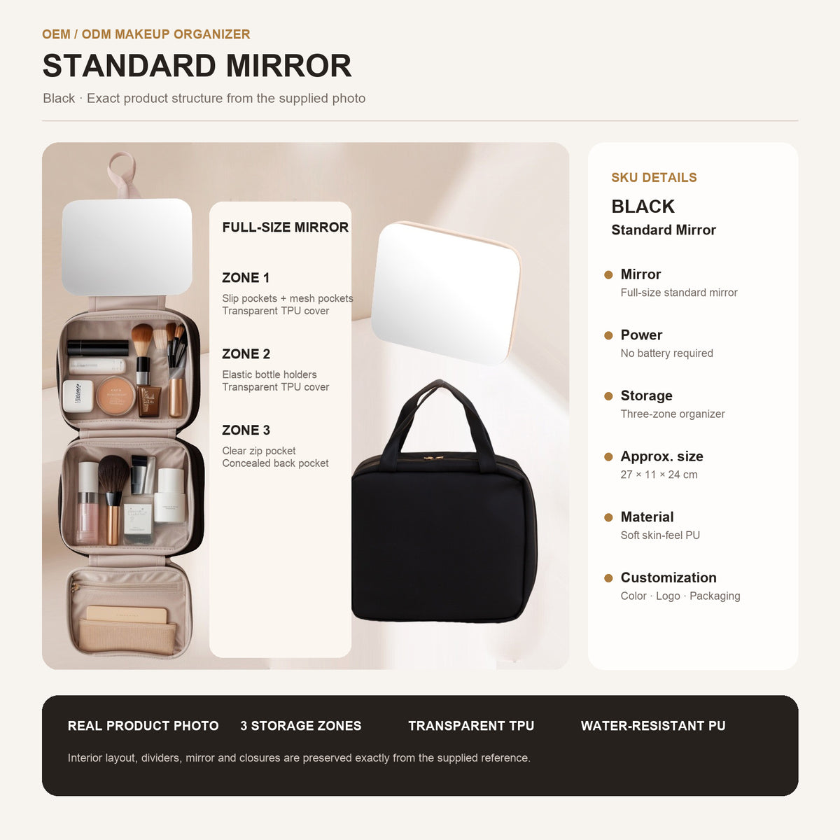 black structured makeup bag with detachable standard mirror top handle and three section interior