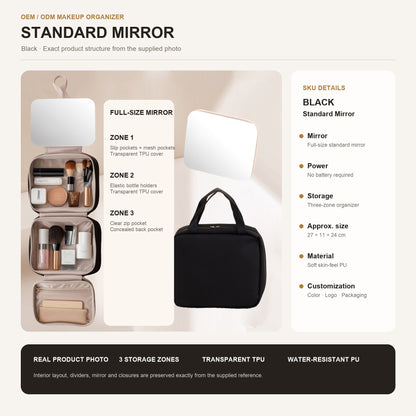 black structured makeup bag with detachable standard mirror top handle and three section interior