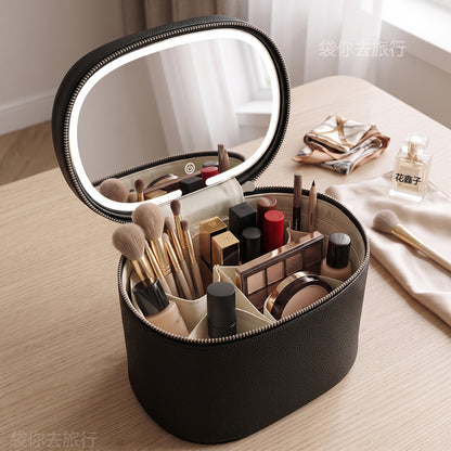 black structured makeup brush bag with open lid mirror and upright brush compartments