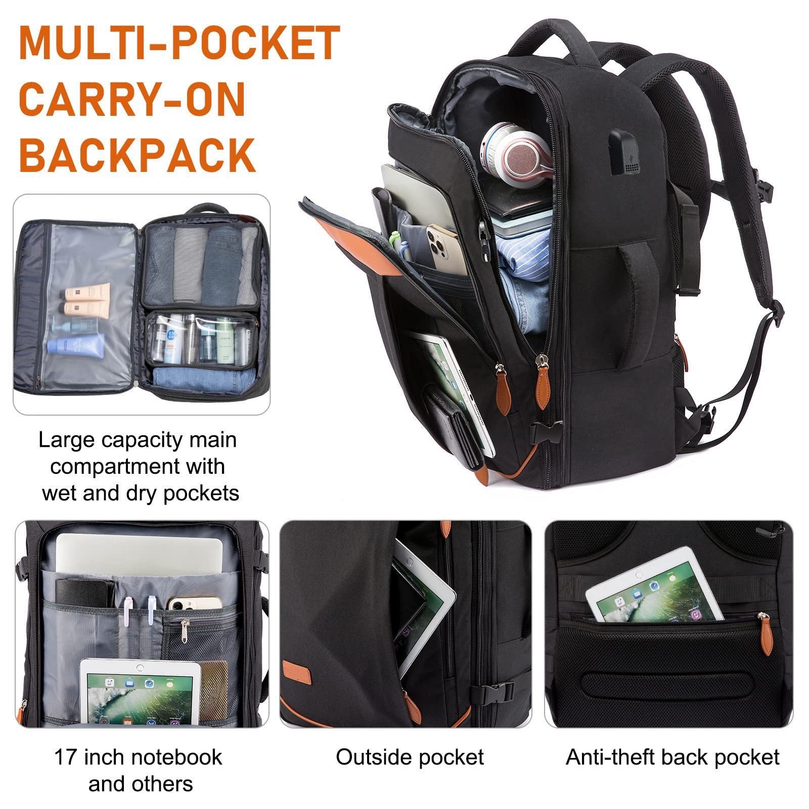 black multi pocket carry on travel backpack with wet dry compartment and anti theft back pocket