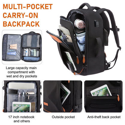 black multi pocket carry on travel backpack with wet dry compartment and anti theft back pocket