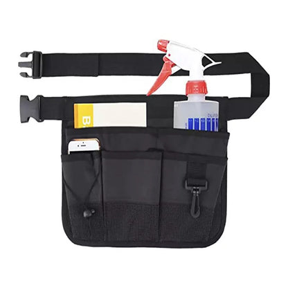 black multi-pocket gardening tool pouch with adjustable belt front storage sections and mesh pockets