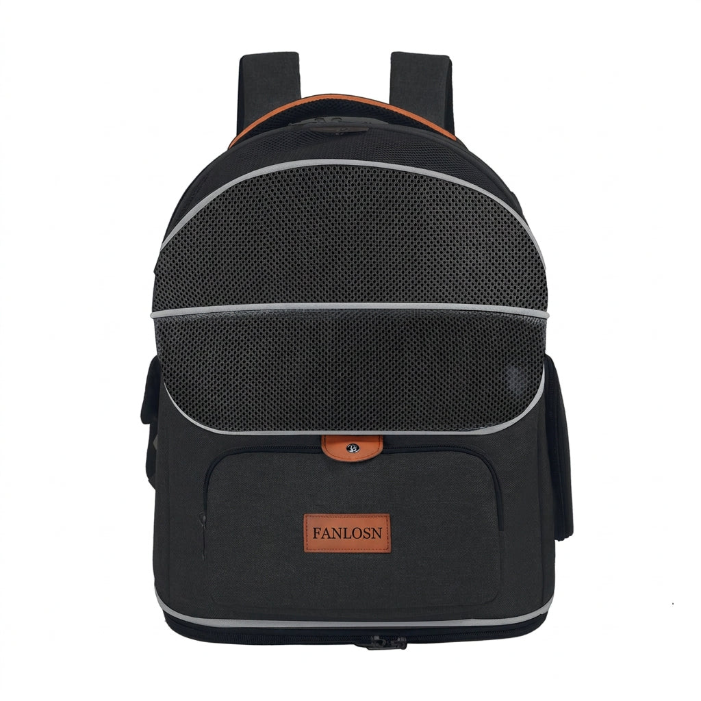 black pet carrier backpack with dark curved mesh front panel and front zipper storage pocket