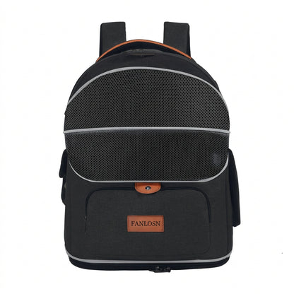 black pet carrier backpack with dark curved mesh front panel and front zipper storage pocket