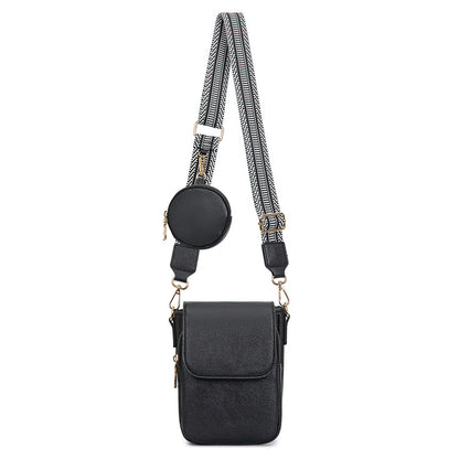 black pu crossbody phone bag with magnetic front flap dark round coin purse and adjustable black patterned strap