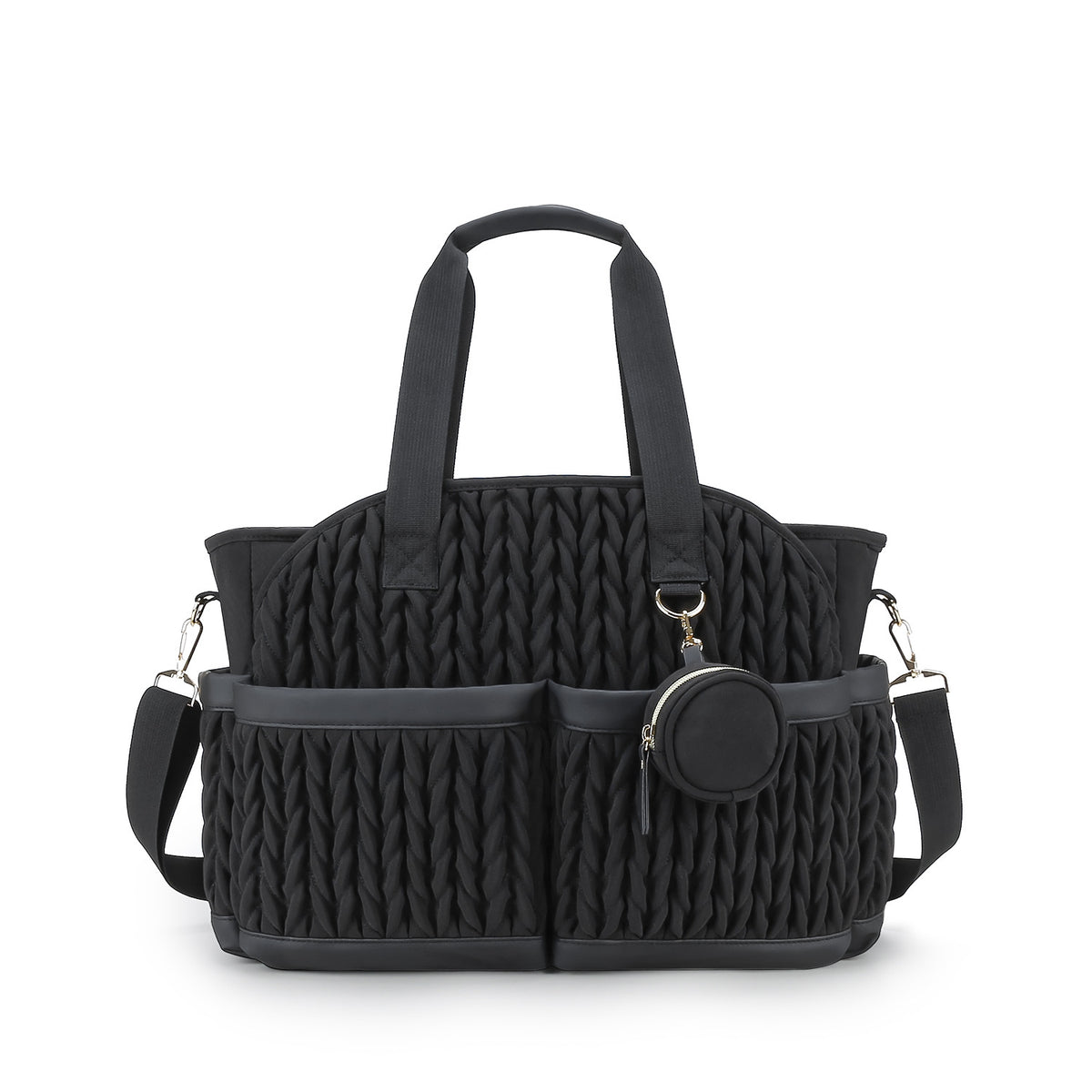 black diaper bag tote with quilted pockets and organized baby storage