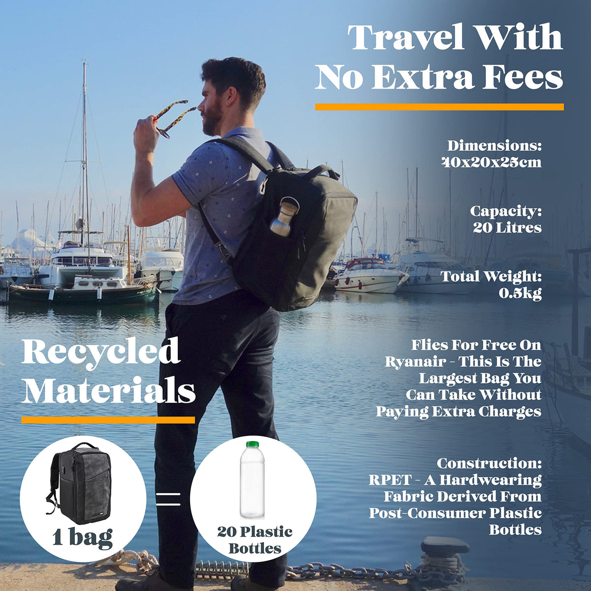 Black RPET cabin backpack made from recycled plastic bottles, 20L size