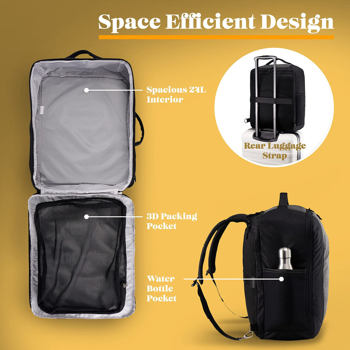 Black RPET travel backpack with 24L interior, luggage strap and bottle pocket