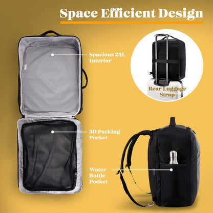 Black RPET travel backpack with 24L interior, luggage strap and bottle pocket
