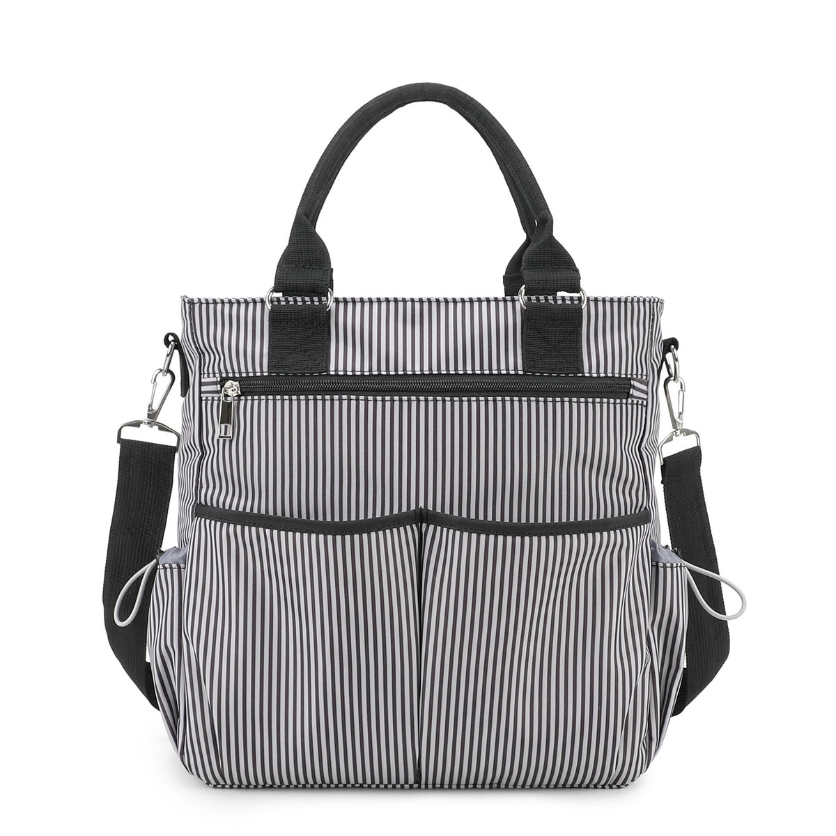 black and white striped polyester diaper bag tote with black carry handles detachable shoulder strap and front organizer pockets
