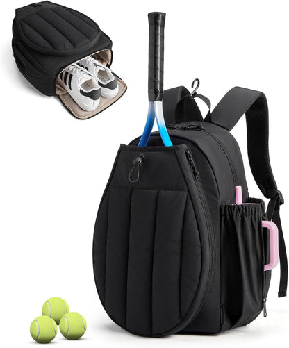 black tennis and pickleball racket backpack with separate shoe compartment side pockets and quilted front panel