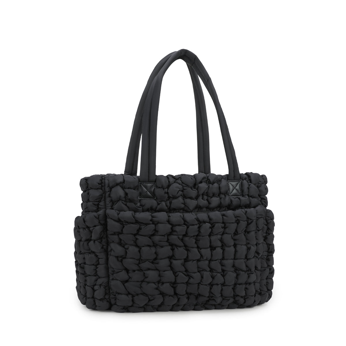 black textured nylon quilted diaper tote with reinforced handles and organized storage