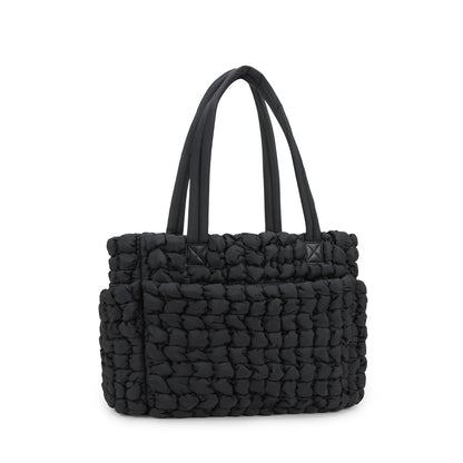 black textured nylon quilted diaper tote with reinforced handles and organized storage