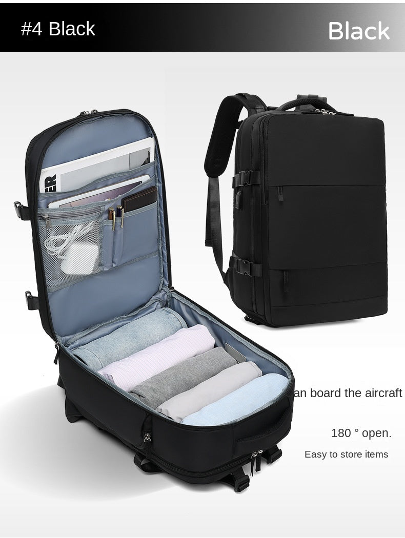 black travel backpack with laptop compartment and separate shoe storage