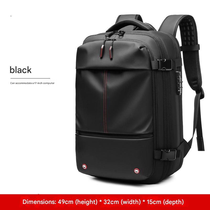 black vacuum compression travel backpack with expandable storage design