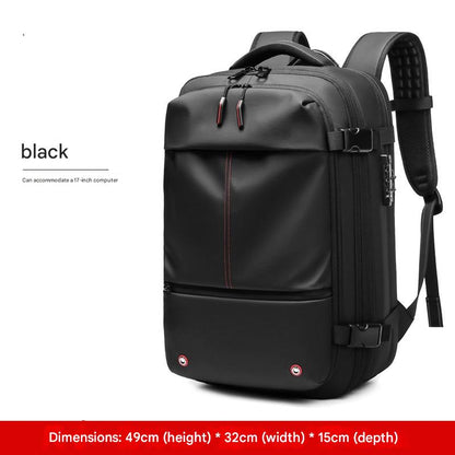 black vacuum compression travel backpack with expandable storage design