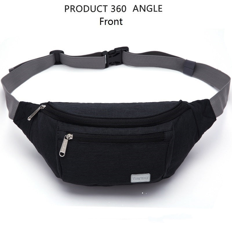 front view of black waist pack bag with two zippered openings metal logo plate and adjustable gray webbing belt