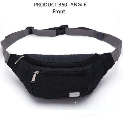 front view of black waist pack bag with two zippered openings metal logo plate and adjustable gray webbing belt