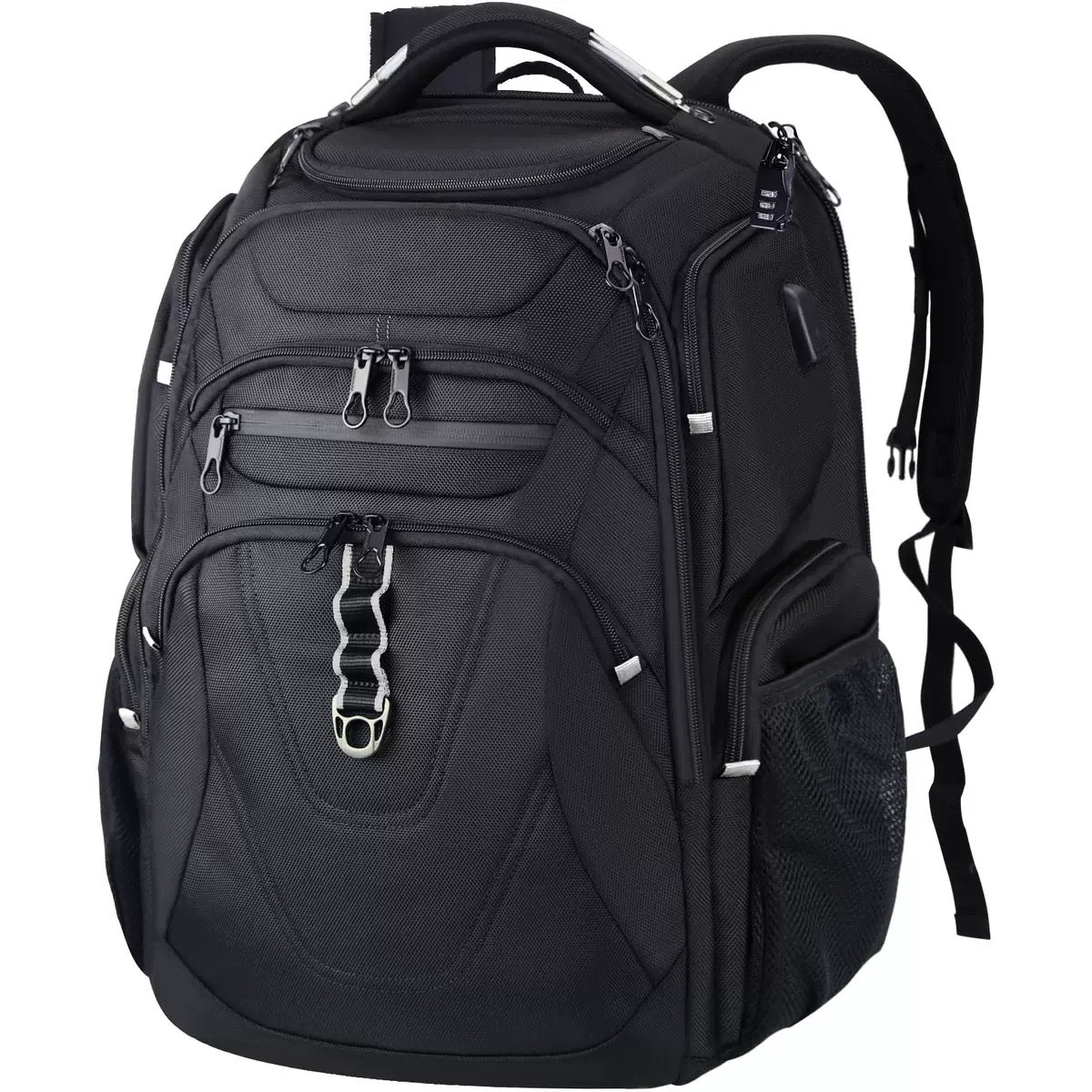 black white business travel backpack with storage compartments
